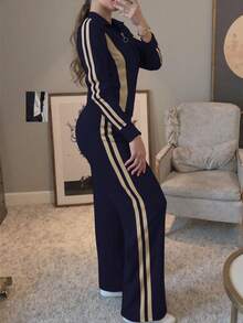 女士条纹印花长袖上衣外套和休闲直筒裤两件套，秋冬春季 - 藏蓝色 - 查看 5
