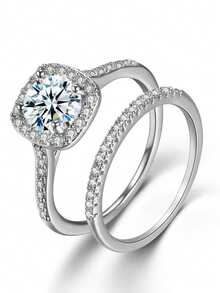 ESBERRY 2pcs/Set S925 Sterling Silver Sparkle Engagement Moissanite Ring Wedding Band For Women Stacking Rings Promise Ring Eternity Ring Valentine's Day Luxury Jewelry Gifts