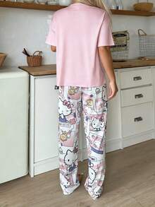 Sanrio 2pcs Hello Kitty Women Printed Short Sleeve Top + Elastic Waist Pants Cute Pajama Set