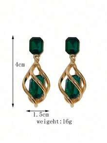 2pcs Geometric Green Gemstone & Diamond Drop Earrings For Women Perfect Gift For Women