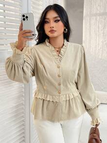Plus Size Women Ruffle Patchwork Metal Button Front Long Sleeve Corduroy Jacket Coat, Autumn/Winter - Light Khaki - View 4