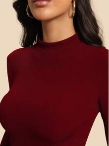 一件秋冬季保暖内衬高领长袖上衣，纯色休闲修身百搭打底衫，适合外穿、运动、瑜伽 - 紅色 - 查看 5