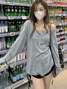 2025 Spring/Summer Long Sleeve Loose Fit Sheer Chiffon Blouse - Grey - View 2