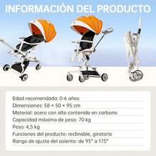 Carriola Para Bebé Ligera Portátil, Plegable, Con Asiento Giratorio 360°, Reclinable A 3 Posiciones - Blanco y Negro - Ver 2