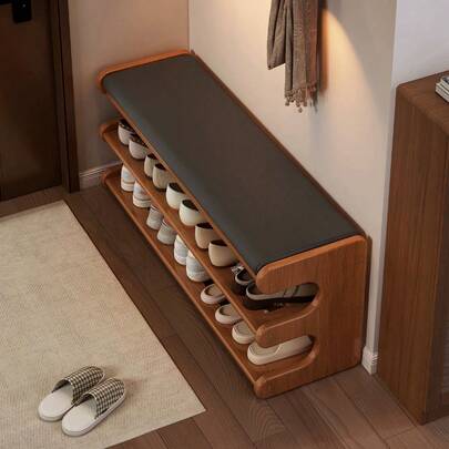 1pc Bamboo Shoe Bench With Shoe Rack, Freestanding Shoe Organizer Suitable For Hallway, Bedroom Or Balcony