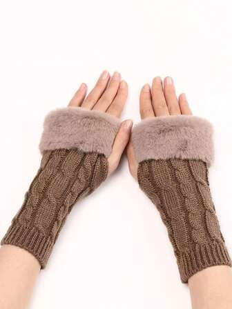 1 par de guantes cortos de lana con puños en forma de rosquillas fritas, mangas de lana expuestas de medio dedo para mujer en otoño e invierno