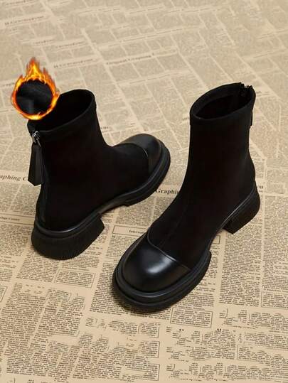 Botas de moda para mujer, botas de tobillo con diseño de cremallera y tacón grueso, botas cortas elegantes de punta cuadrada, zapatos cómodos de tacón bajo para otoño/invierno