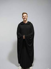 Disfraz de Halloween para adultos con capucha negra para hombre capa larga traje de hechicero para cosplay - Negro - Ver 4