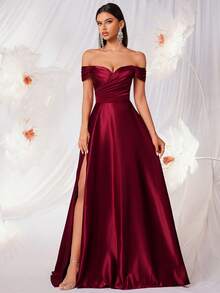 女士优雅露肩褶皱高腰A字露背系带连衣裙，适合舞会、派对、毕业典礼、生日、盛大晚宴、返校节、婚礼宾客着装、正式晚宴、新年庆祝活动等场合。