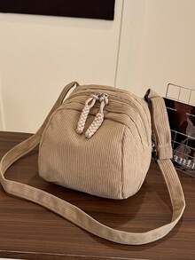 多口袋迷你灯芯绒便携式通勤拉链时尚简约休闲百搭单肩包/斜挎包，适合女性日常使用 - 卡其色 - 查看 10