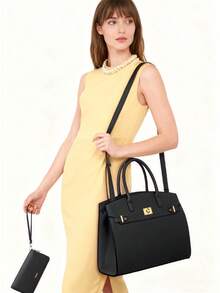 ZENG Classic Large Women's PU Leather Tote Handbag With Matching Zip Wallet, Elegant Structured Purse With Lock Top Handles & Detachable Shoulder Strap For Work, Office, Travel, And Everyday Use - 黑色 - 查看 7