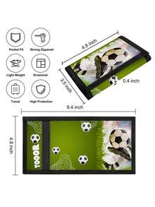 Kids/Teens Cartoon Football Pattern Trifold Wallet, Zipper Pocket Coin Purse With Key Chain, Durable Polyester Material, Suitable For Daily Use, Christmas, Birthday Gift - Multicolor - View 5