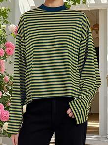 Women Striped Long Sleeve Baggy T Shirts Y2k Vintage Stripes Oversized Boxy Tees Cropped Tops Lionesss Stripped Sweatshirt Fall Preppy Teen Girl Clothes - 藏蓝色 - 查看 4
