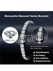 1pc 10.5-14 Carat Lab-Created Moissanite Tennis Bracelet, 18K White Gold Plated 925 Sterling Silver, 4mm D Color VVS1 Round Cut Moissanite Bracelet, Suitable For Women And Men, Jewelry Gift