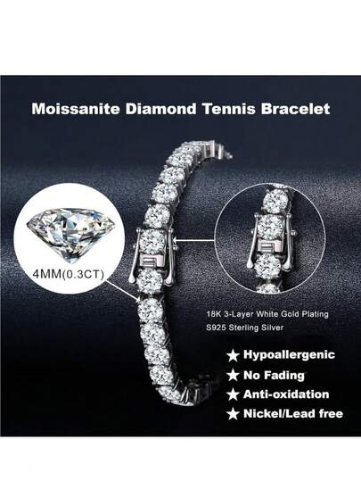 1pc 10.5-14 Carat Lab-Created Moissanite Tennis Bracelet, 18K White Gold Plated 925 Sterling Silver, 4mm D Color VVS1 Round Cut Moissanite Bracelet, Suitable For Women And Men, Jewelry Gift