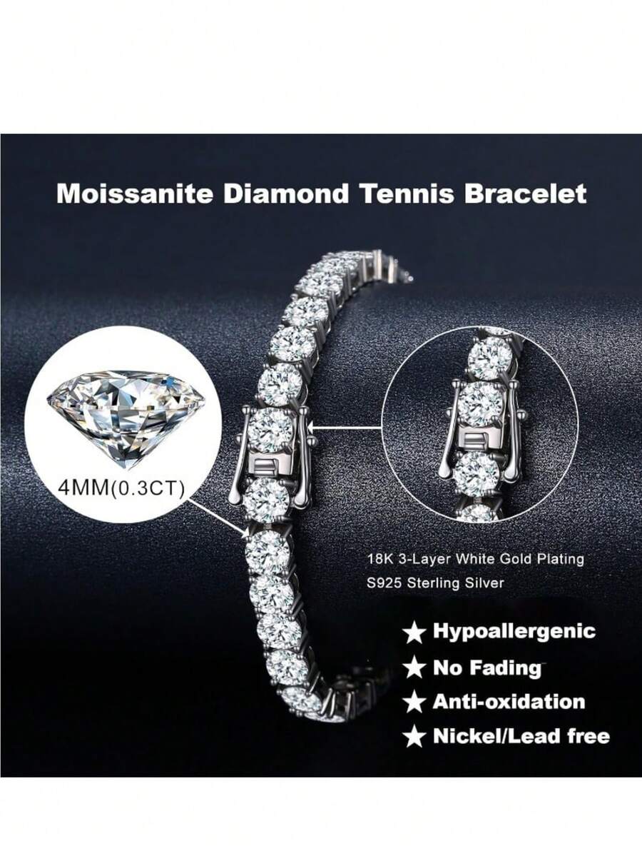 1pc 10.5-14 Carat Lab-Created Moissanite Tennis Bracelet, 18K White Gold Plated 925 Sterling Silver, 4mm D Color VVS1 Round Cut Moissanite Bracelet, Suitable For Women And Men, Jewelry Gift
