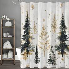 Vintage Winter Pine Tree Star Print Waterproof Shower Curtain, With 12 Hooks, Suitable For Windows, Universal Room Decor, Home Decor, Bathroom Accessories, Christmas Decoration - Multicolor - View 3