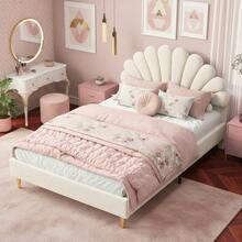 Letto matrimoniale 140 x 200 cm, testiera a forma di fiore, letto imbottito per bambina con doghe in legno, velluto, letto principessa a forma di petalo, camera da letto, beige/bordeaux, materasso non incluso