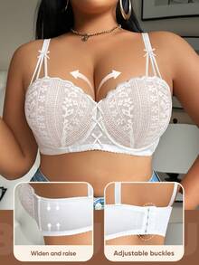 Plus Size Women Lace Patchwork Underwire Bra, Supportive & Breathable, Lift - White - View 5