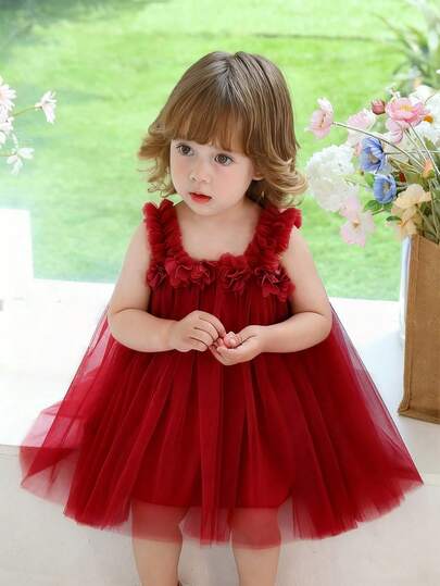 Baby Girls Burgundy 3D Floral Strap Tulle Dress, Christmas Party Elegant Gown, Princess Dress Suitable For 1st Birthday, Wedding, Party, Gift, Flower Girl, All Season