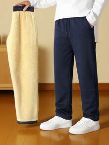 Men's Solid Color Thermal Lined Drawstring Pants, For Fall Winter - Blue - View 12