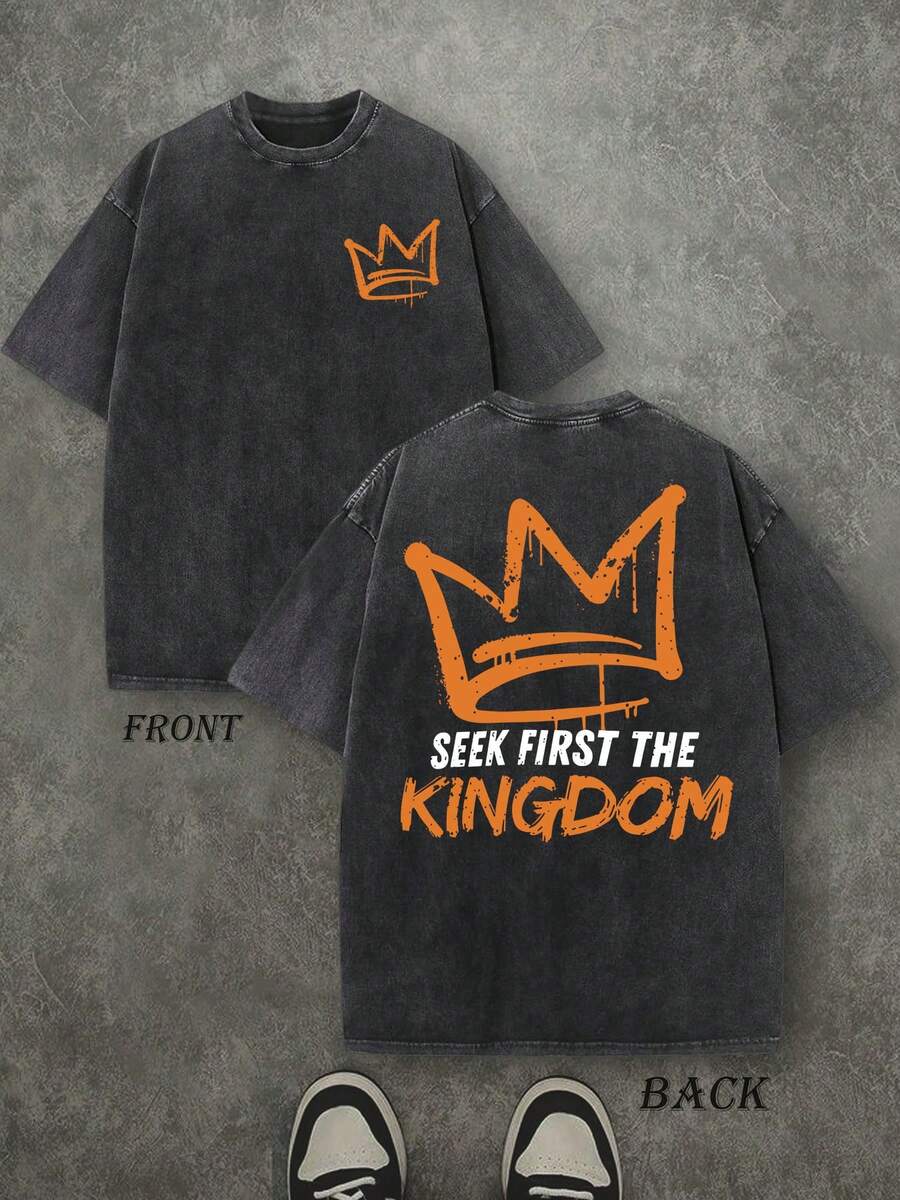 Seek First The Kingdom Unisex Christian Washed Shirt, Christian Scripture T-Shirt, Vintage Retro Washed Shirt Double Sided Printed (230 Heavyweight Pure Cotton T-Shirt) High Quality Christian T-Shirt, Christian Gifts, Men's And Women's Shirts, Comfortable, Fashion Christian Shirt, Street Style Pure Cotton Fall Shirt - 黑色 - 查看 1