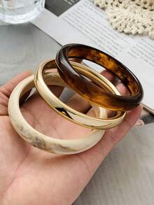 LADYCOCO 3pcs Vintage Thick Multi-Layer Brown & Beige Acrylic Resin Bracelet, For Women & Couples, Suitable For Party & Daily Wear (The Photographed Image And The Actual Item May Have Slight Differences) - Multicolor B - View 4