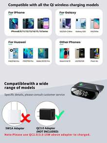 15W二合一无线充电器兼时钟，兼容支持Qi标准的智能手机，兼容 8/X/11/12/13/14/15/16/17系列无线充电器 - 黑色 - 查看 10