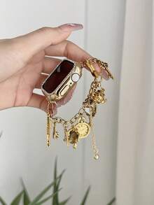 1条复古金属合金表带,带金色时钟吊坠,兼容 Series 11/10/9/8/7/6/5/4/3/2/1,尺寸38mm/40mm/41mm/42mm/44mm/45mm/46mm/49mm,适用于Ultra 1/2/3/SE,可更换表带,情人节、订婚和婚礼派对送给女友、朋友和家人的最佳礼物(仅表带) - 金色 - 查看 10