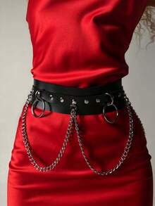 "Leather Waist Chain Harness Belt,Gothic Silver Chain Leather Belt,Adjustable Party Cosplay Plus Size Chain Belt