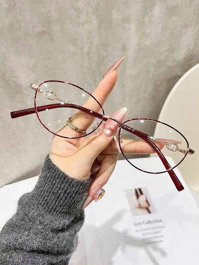 1 Pair Women & Men's Metal Frame Red Cat Eye Elegant Pearl Decor Flat Lens Glasses, Suitable For Computer, Reading, Gaming, TV, Phone Use, Durable Daily Glasses, Clear Lens Eyewear Accessories