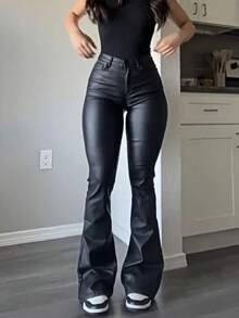 女士涂层仿皮喇叭裤，修身高腰靴型裤，时尚百搭，适合派对、通勤、度假、音乐节等场合，休闲直筒裤，春夏服装，畅销款，热销 - 黑色 - 查看 3