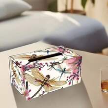 Ein DIY Libellen-Muster Holz-Taschentuchbox zum Abnehmen, geeignet für Platzierung auf Heim- und Esstischen.