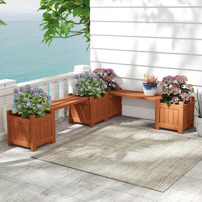 Wood Planter Box With Bench Open-Ended Base & Teak Oil Finish For Flowerpots