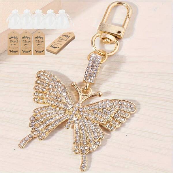 9/15pcs Butterfly Keychain Set, Sparkling Crystal Butterfly Metal Alloy Creative Rhinestone Package Decoration, Including 3/5 Keychains, 3/5 Thank-You Cards, And 3/5 Gift Bags, Perfect Gift For Women Christmas Bag Charms Car Accessories Teacher Friend Sister Gift Ideas