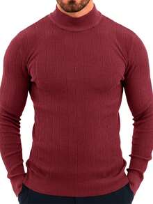 Men's Slim Fit Mock Turtleneck Sweater Casual Ribbed Knitted Pullover Basic Warm Wear For Fall/Winter - Burgundy - View 4