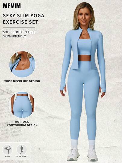  MFVIM 女士运动文胸+高腰弹力紧身裤+拉链外套三件套，舒适瑜伽/健身/跑步套装，四季皆宜，运动文胸，运动服，健身服，女士运动套装，瑜伽裤，运动裤