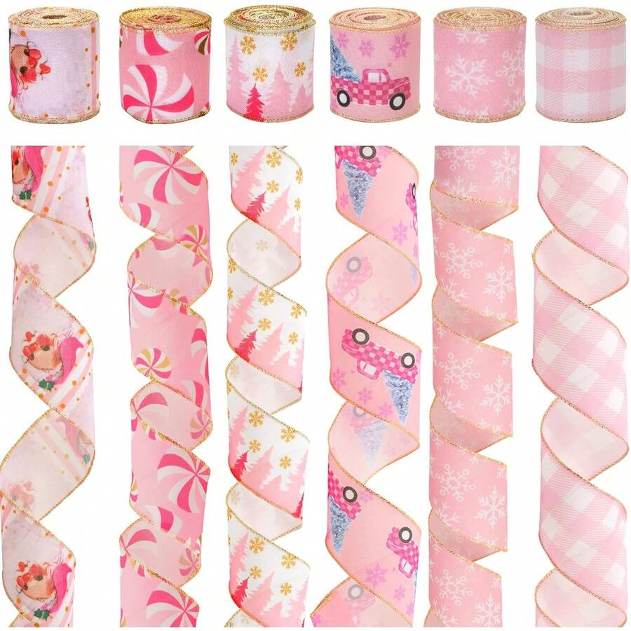 Christmas Wired Ribbon 30 Yards - 2.5 Inch Candy Cane Striped Burlap Ribbon For Wreaths, Gift Wrapping And Tree Decorations - Pink and White - View 1