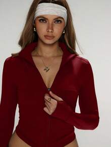 FWH 女士修身透气运动套装，适合户外跑步，防紫外线，拉链弹力简约修身时尚性感高品质基础街头风弹力休闲独特配色提亮肤色优雅紧身保暖长袖瑜伽外套冬季 - 酒紅色 - 查看 3