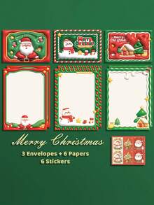 15 قطعة مجموعة، 3 أظرف + 6 أوراق رسائل + 6 ملصقات ختم، خياطة، ورق، مجموعة أظرف وأوراق رسائل عيد الميلاد، مناسبة لديكور عيد الميلاد، تحية مكتوبة باليد، هدايا عيد الميلاد، ديكور عيد الميلاد