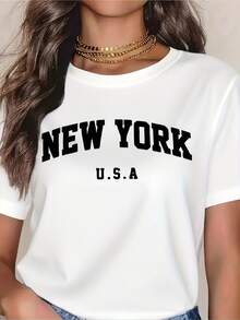 Women's Black Short Sleeve T-Shirt With NEW YORK U.S.A Print, Casual Streetwear Top For Everyday Wear And Travel Outfits - 白色 - 查看 1