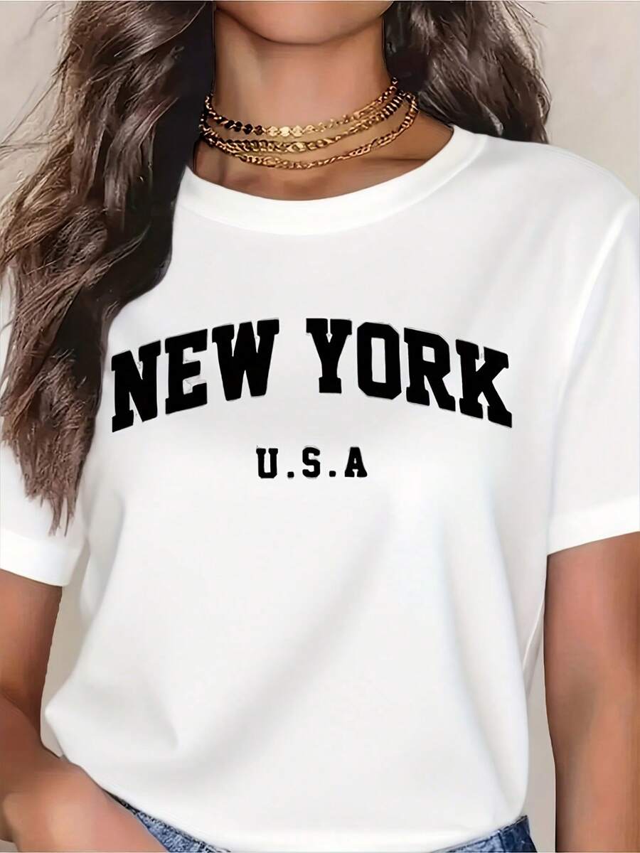 Women's Black Short Sleeve T-Shirt With NEW YORK U.S.A Print, Casual Streetwear Top For Everyday Wear And Travel Outfits - 白色 - 查看 1