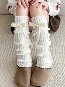 1 Pair Princess Style Bow Decor Leg Warmers, Knee High Socks, Warm & Cozy For Kids, All Season