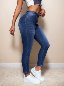 Pantalón vaquero mezclilla skinny jeans dama mujer cintura alta corte ajustado stretch bolsillos funcionales cierre reforzado botón metálico costuras visibles cómodo diario casual - Azul - Ver 2