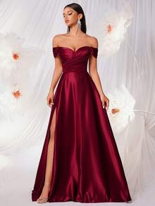 女士优雅露肩褶皱高腰A字露背系带连衣裙，适合舞会、派对、毕业典礼、生日、盛大晚宴、返校节、婚礼宾客着装、正式晚宴、新年庆祝活动等场合。