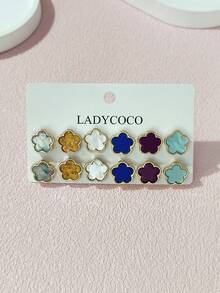 LADYCOCO 6 对时尚优雅多色幸运四叶草耳钉，适合女性日常搭配，珠宝耳环套装 - 多色C - 查看 6