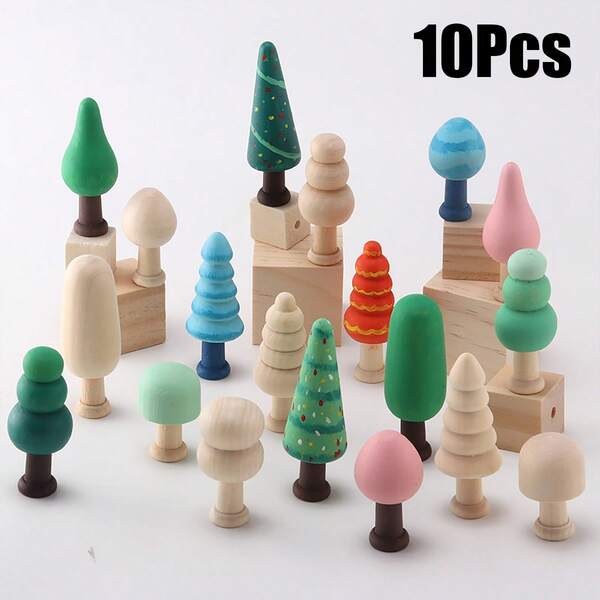 10 Stück unfertige DIY kreativ bemalte Weihnachtsbäume, natürliche Holz Wald Kleine Bäume, weiß blanko Graffiti, Pilz Kleine Baum Ornamente, Weihnachtsgeschenk