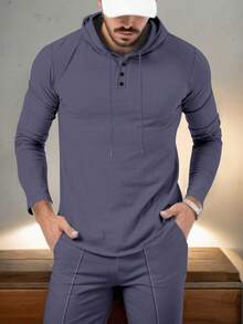 Bộ đồ nam thường ngày 2 món - Áo hoodie và quần ống rộng màu trơn mềm mại, thoáng khí, trang phục thể thao thoải mái phù hợp cho các hoạt động hàng ngày và mặc vào mùa thu. - Màu tím hoa cà - Xem 4