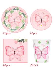 10pcs/20pcs/50pcs/80pcs Pink Butterfly Floral Party Supplies Spring Butterfly Flower Paper Plates Napkins Cups Tableware Set Party Packs For Birthday Wedding Garden Tea Party Bridal Babe Shower Decorations - Multicolor - View 7