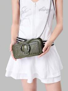 DareSee Túi đeo chéo mini nữ thời trang cổ điển đính đinh tán kiểu xe máy, túi đeo vai nhiều ngăn, túi đựng điện thoại màu đen, túi vuông nhiều lớp nhỏ, thích hợp cho lễ hội âm nhạc, Y2KFest, mùa tựu trường, quà tặng mùa thu đông. - Màu xanh lá cây đậm - Xem 1